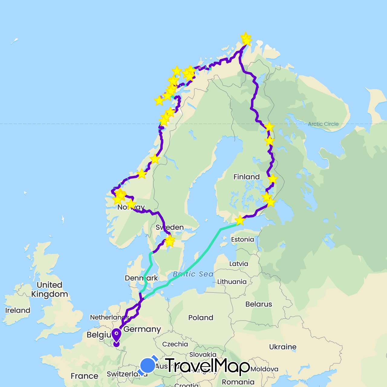 TravelMap itinerary: driving, boat, mit wohnwagen, nur mit auto, fähre, Öpnv in Germany, Finland, Norway, Sweden (Europe)