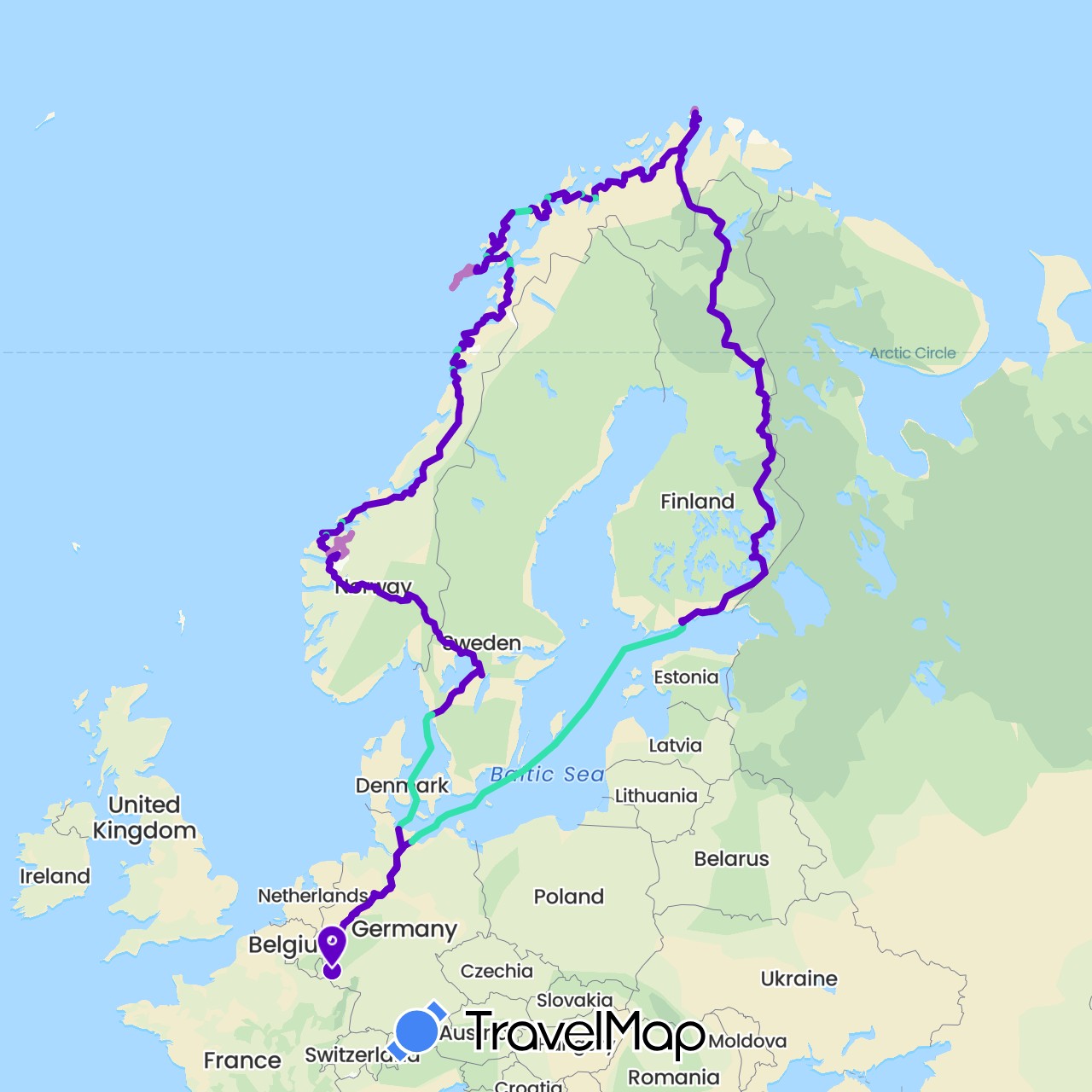TravelMap itinerary: driving, mit wohnwagen, nur mit auto, fähre in Germany, Finland, Norway, Sweden (Europe)