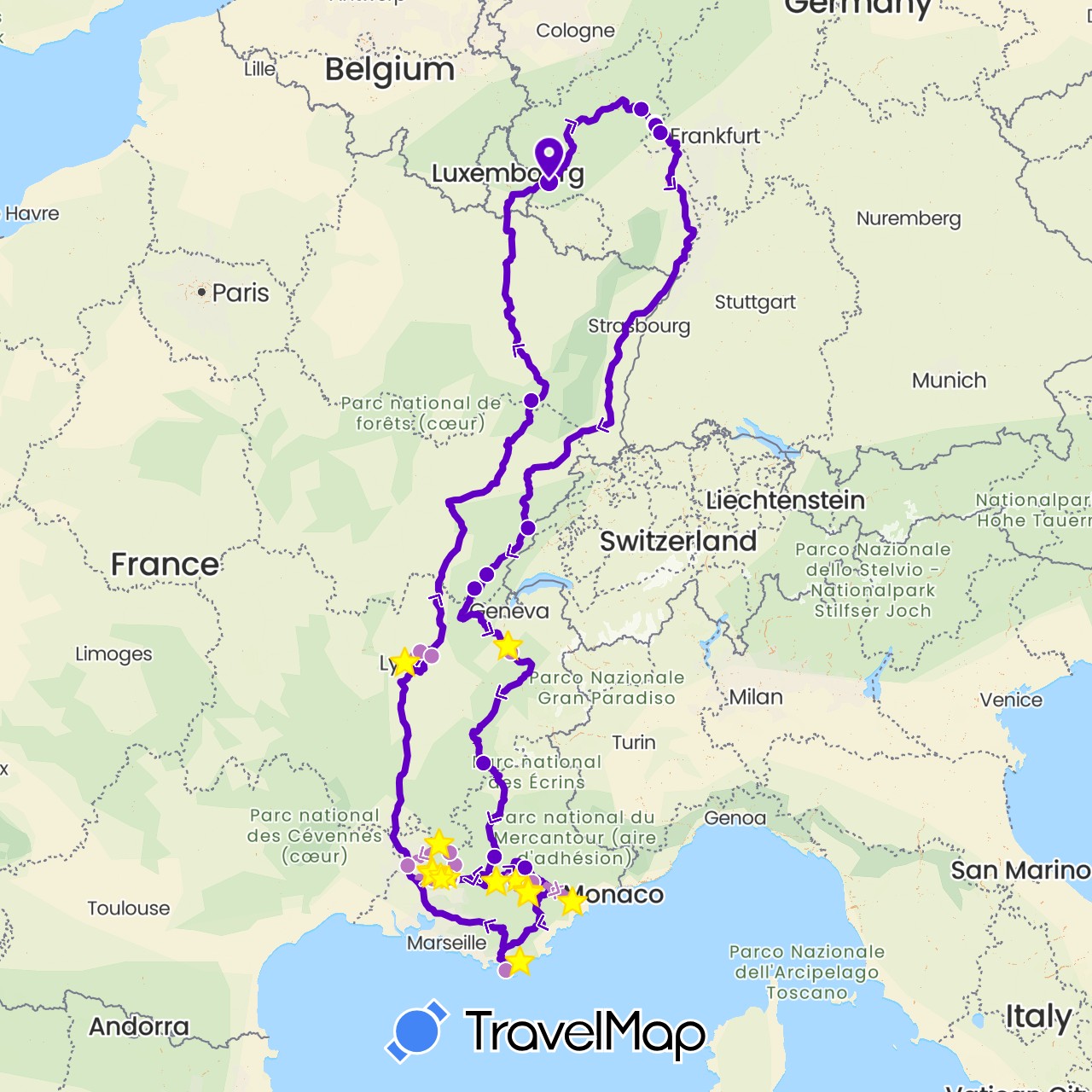 TravelMap itinerary: driving, hiking, mit wohnwagen, nur mit auto, unsichtbar in Germany, France (Europe)